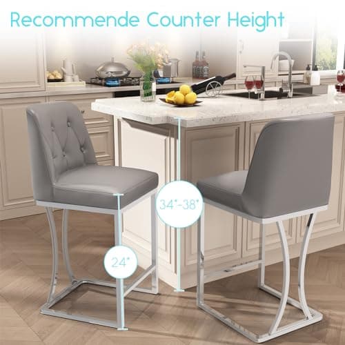 Grey Counter Stools with Back, Silver Metal Frame, Set of 4