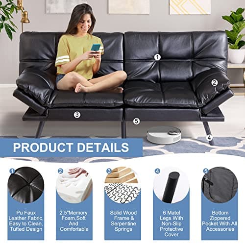 MUUEGM Futon Sofa Bed Memory Foam Couch Sleeper Foldable Love seat Adjustable Arm&Back Sofabed, Black-New