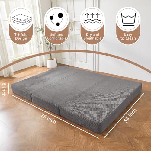 BYBYME 6 Inch Gel Tri-Folding Corduroy Mattress, Washable Cover (Grey, Full)