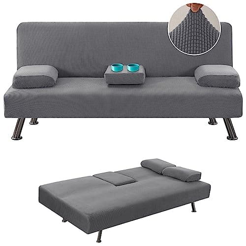 Stretch Futon Sofa Bed Slipcover with Removable Armrests and Cupholders - Grey