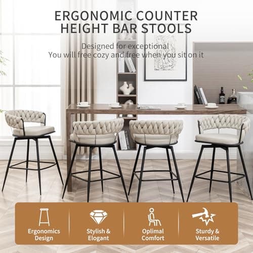 Modern Beige 360° Swivel Bar Stool Set, 26" Counter Height