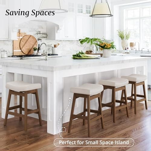 3-Piece Sturdy Wood Leg Bar Stools, Antique White Leather, 24 Inch Farmhouse Style
