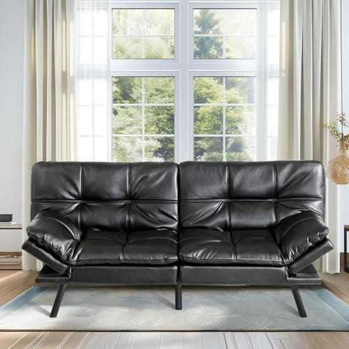 MUUEGM 71-Inch Convertible Memory Foam Futon Sofa Bed with Armrests for Small Spaces - Dark Grey
