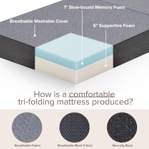 Folding Memory Foam Mattress for Travel/RV/Camping/Guest Room/Yoga, Twin Size - 6 Inch, 75x38x6, Washable Cover, Handle & Non-Slip Bottom