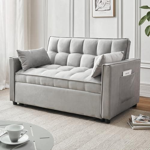 Grey Modern 3-in-1 Futon Sofa Bed with Pullout Bed and Storage Pockets