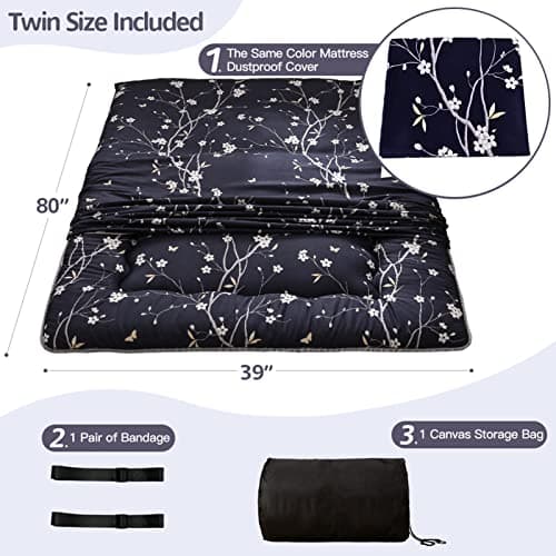 MAXYOYO Navy Floral Japanese Foldable Futon Mattress Twin Size