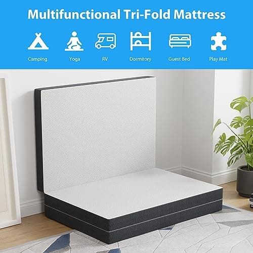 CertiPUR-US Certified 3 Inch Memory Foam Tri-Fold Mattress Topper, Washable Cover, Non-Slip Bottom, Camping & Guest Beds