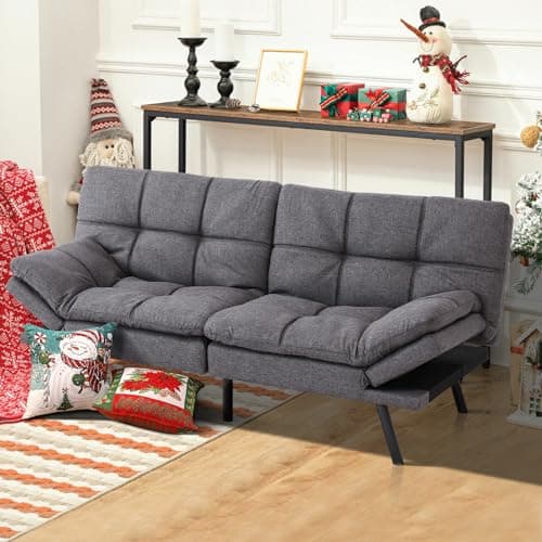 Modern Memory Foam Futon Sofa Bed with Adjustable Armrests and Backrest for Living Room, Apartment, Dorm, Office - Grey Linen