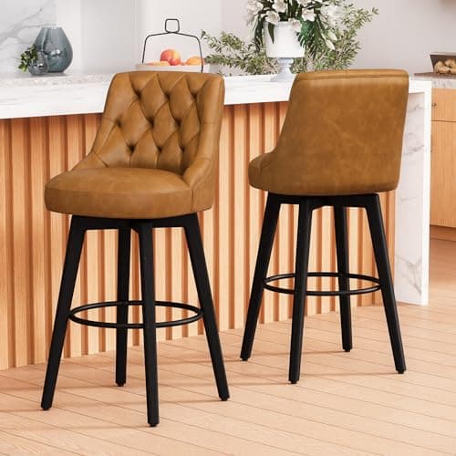 30 Swivel Bar Stools Set of 2 with Back and Solid Wood Legs, Navy Fabric