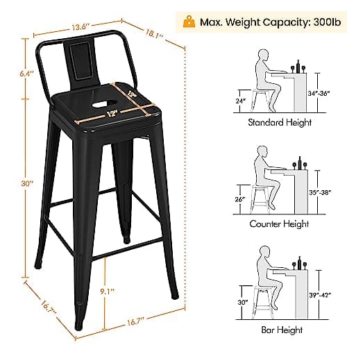 Yaheetech 30 Inch Matte Black Bar Stools Set of 4, Counter Height Kitchen Chairs