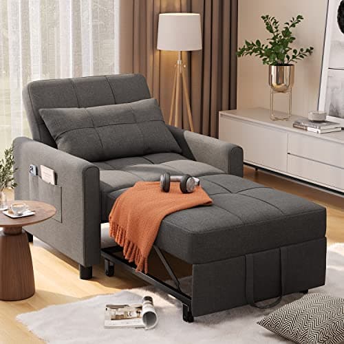 3-in-1 Convertible Futon Sofa Bed with Adjustable Backrest, Dark Grey Linen Fabric