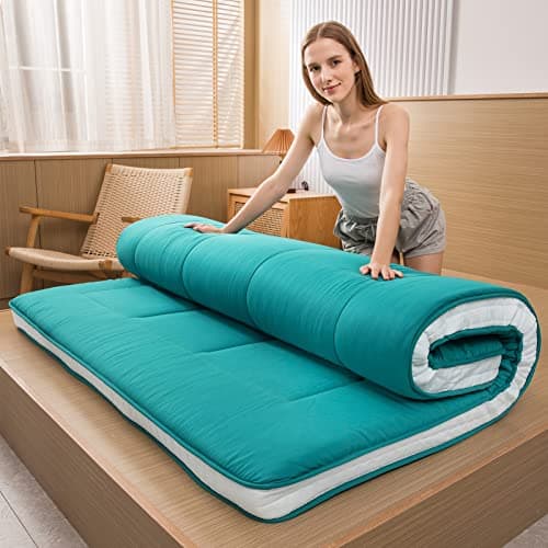 MAXYOYO Japanese Quilted Futon Mattress, Extra Thick & Breathable Guest Bed for Camping & Couch Lounger, Green, Twin