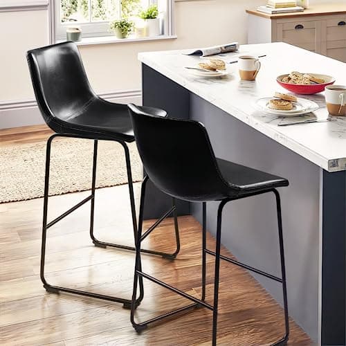 PUKAMI Black Counter Height Bar Stool Set (26") with Back & Faux Leather