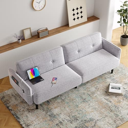 83" Adjustable Backrest Futon Couch Bed with Type-C Charging Port, Black Sofa Bed