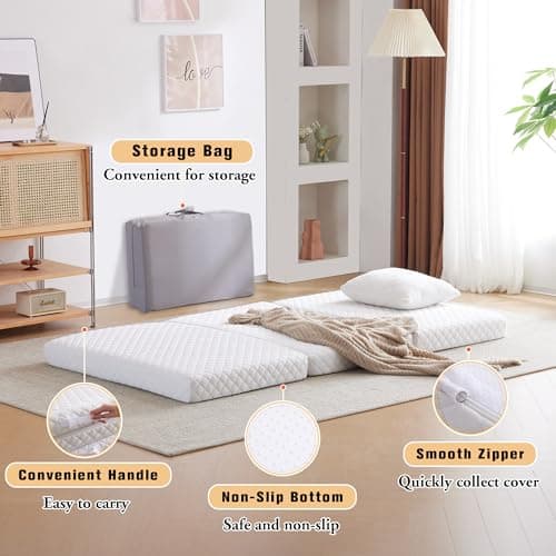 Jela 4-Inch Twin Foldable Memory Foam Mattress with Storage Bag and Waterproof Lining - Portable for Camping and Guests (38x75x4 inches)