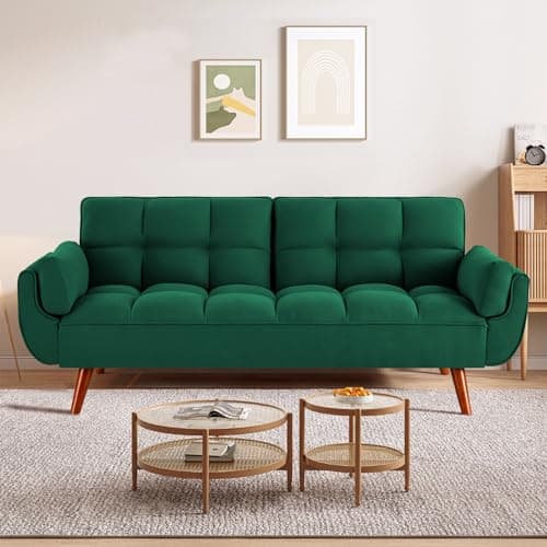 Green Convertible Futon Couch Bed, 3 Seater Sleeper Sofa with Adjustable Backrests
