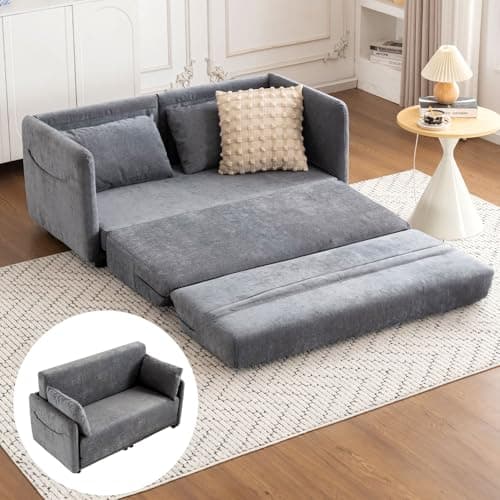 2 in 1 Chenille Loveseat Futon Couch, Full Size Pull Out Bed in a Box