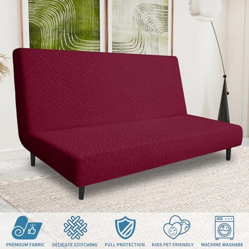 ZNSAYOTX Wine Red Stretch Futon Cover for Full Size Armless Sofa Bed (67"-82")