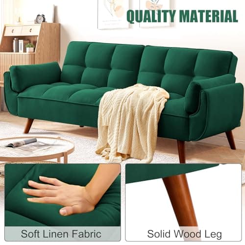 Green Convertible Futon Couch Bed, 3 Seater Sleeper Sofa with Adjustable Backrests