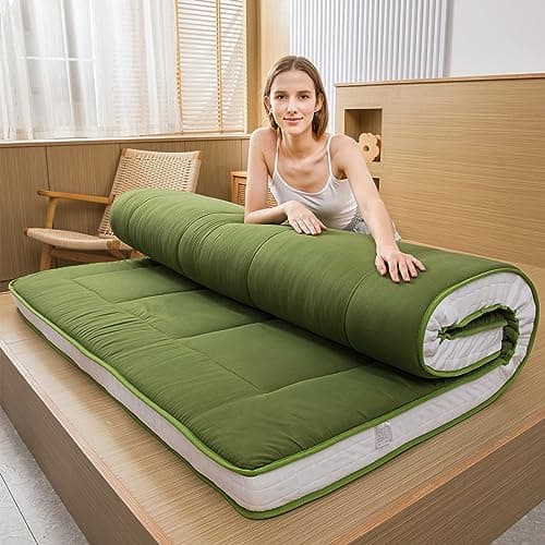 MAXYOYO Japanese Quilted Futon Mattress, Extra Thick & Breathable Guest Bed for Camping & Couch Lounger, Green, Twin