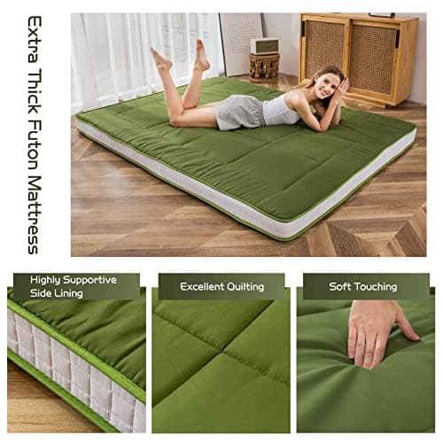 MAXYOYO Japanese Quilted Futon Mattress, Extra Thick & Breathable Guest Bed for Camping & Couch Lounger, Green, Twin