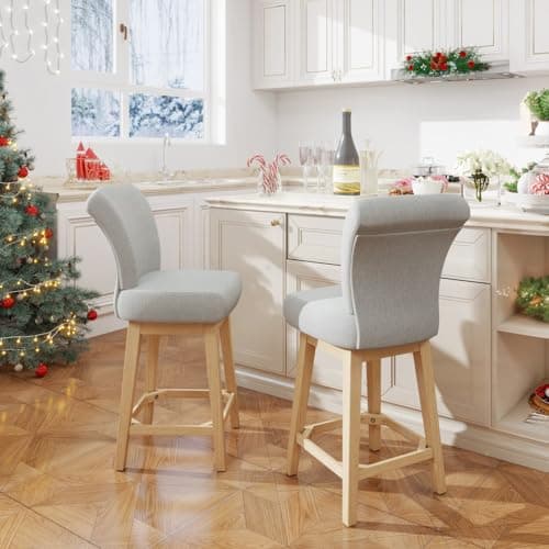 Modern 26 Counter Height Bar Stools Set of 2 with 360° Swivel and High Backrest in Light Grey Fabric for Kitchen and Bar