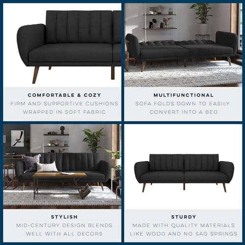 Novogratz Brittany 82 Inch Faux Leather Futon Sofa Bed, Dark Gray, Mid-Century Modern