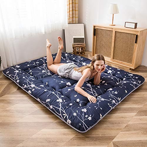 MAXYOYO Navy Floral Japanese Foldable Futon Mattress Twin Size
