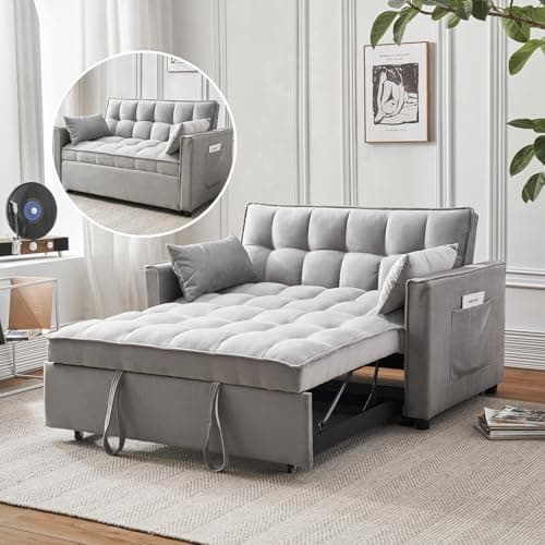 Grey Modern 3-in-1 Futon Sofa Bed with Pullout Bed and Storage Pockets