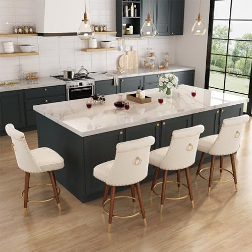 4-Piece 360° Swivel Bar Stool Set, Velvet Upholstered with Back and Footrest, Beige Fabric, Counter Height 24" Seat