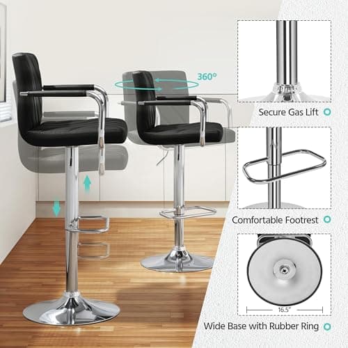 Yaheetech Adjustable Bar Stool Set of 2, Black with Backrest for Kitchen and Living Room