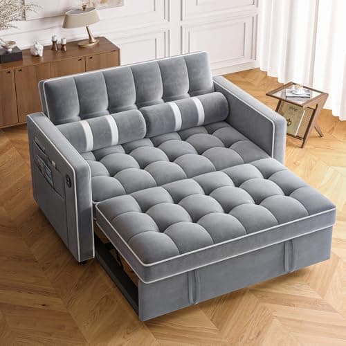 Amada 3-in-1 Convertible Sleeper Loveseat, Grey Velvet Couch with USB Ports