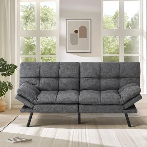 Convertible Memory Foam Futon Sofa Bed with Adjustable Backrest and Armrests, Dark Grey