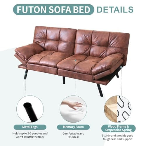 Memory Foam Futon Sofa Bed with Adjustable Backrest in Brown for Living Room
