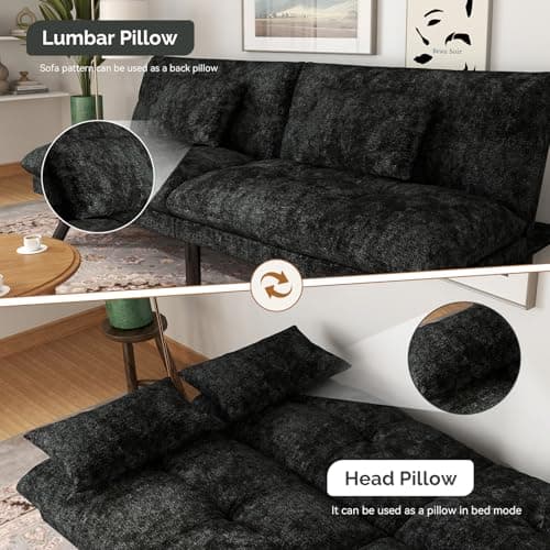 70 Inch Solid Wood Futon Sofa Bed in Black Chenille Fabric