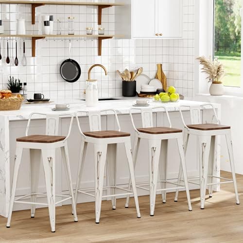 WENTMENT Black Metal Bar Stools Set of 4 Counter Height Kitchen Bar Stools with Wooden Seat