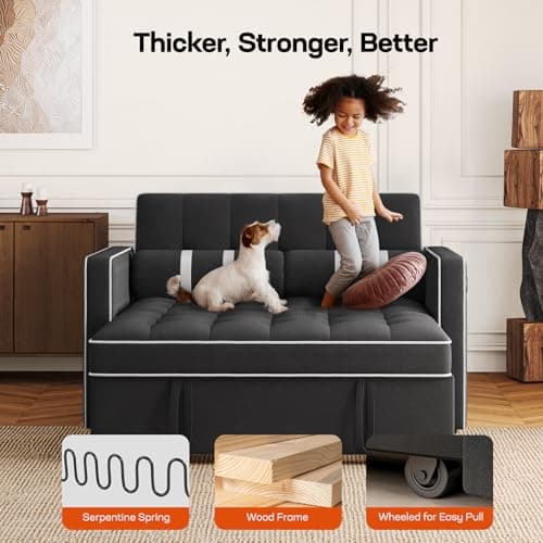 Amada 3-in-1 Convertible Couch Bed, Futon Loveseat with USB & Side Pocket, Black