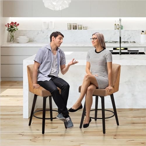 Modern Swivel Bar Stools Set of 2 with High Backrest, Faux Leather for Bar, Kitchen - Sienna Brown