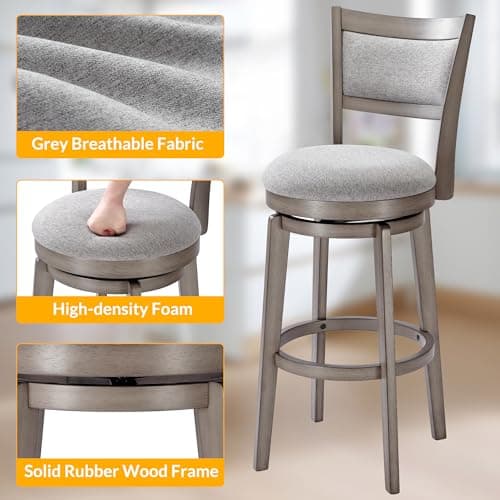PrimeZone 30 Inch High Back Swivel Bar Stool Set, Grey Kitchen Island Counter Chairs