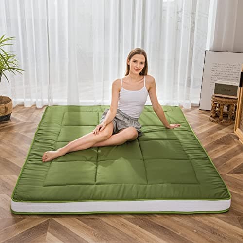 MAXYOYO Japanese Quilted Futon Mattress, Extra Thick & Breathable Guest Bed for Camping & Couch Lounger, Green, Twin