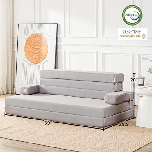 Dark Grey Foldable Mattress Couch with Headrest, 4 Inch Foam, Portable Queen, Camping & Road Trips