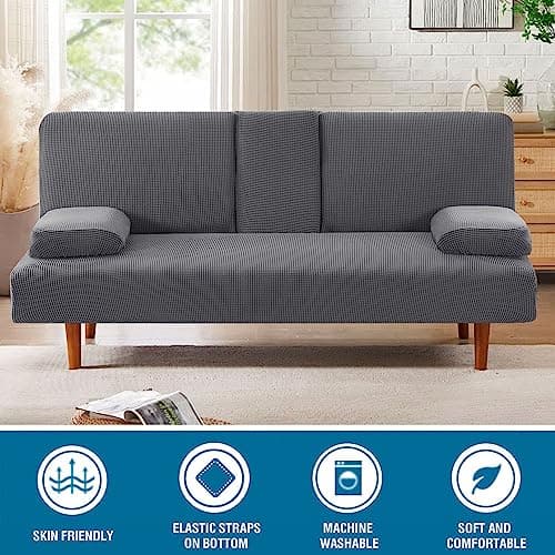 Stretch Futon Sofa Bed Slipcover with Removable Armrests and Cupholders - Grey