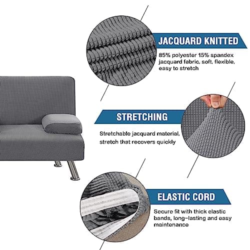 Stretch Futon Sofa Bed Slipcover with Removable Armrests and Cupholders - Grey