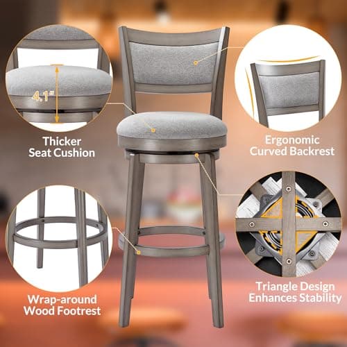 PrimeZone 30 Inch High Back Swivel Bar Stool Set, Grey Kitchen Island Counter Chairs