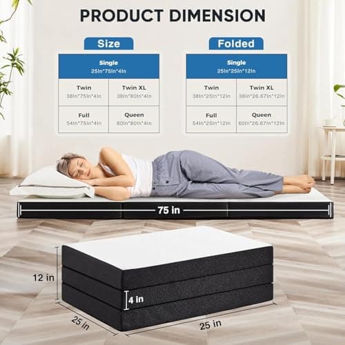 OLIXIS 4" Tri-Fold Memory Foam Mattress - Portable & Foldable, CertiPUR-US Certified
