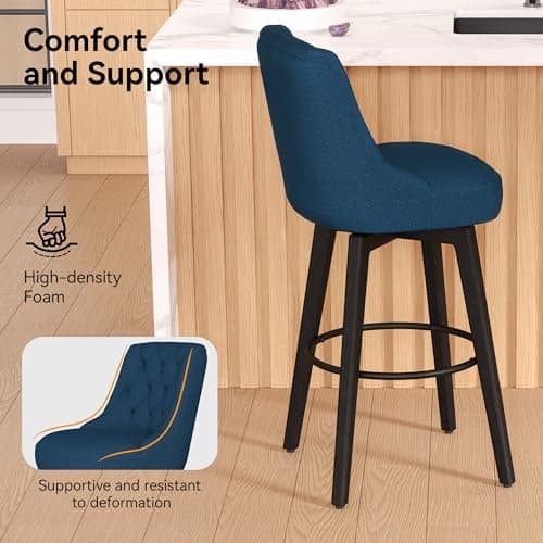 30 Swivel Bar Stools Set of 2 with Back and Solid Wood Legs, Navy Fabric