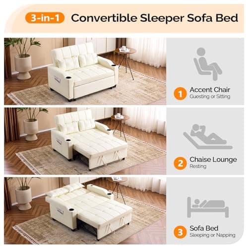 VINGLI Beige Faux Leather Pullout Sofa Bed with USB Ports