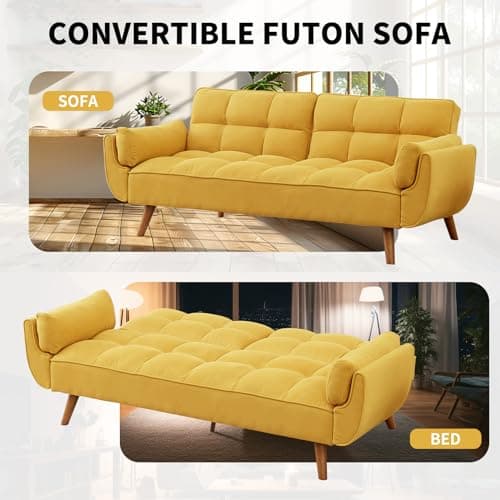 Golden Yellow Convertible Futon 3 Seater Sofa Bed, Linen Upholstery, Modern Design