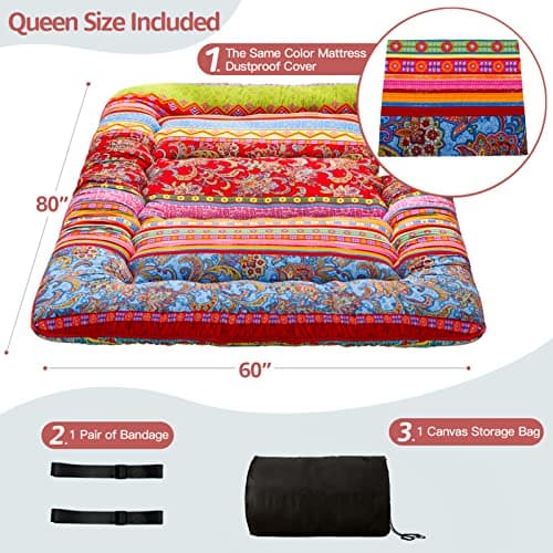 MAXYOYO Vintage Floral Japanese Futon Mattress, Queen Size, Portable Lounger Couch Bed Mattress Pad