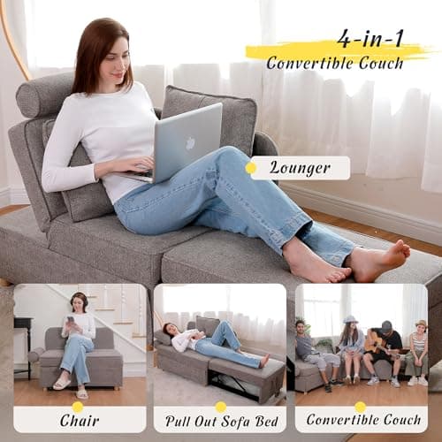 4-in-1 Convertible Couch: Linen Fabric Sleeper Sofa Bed with 2 Pillows & 5 Angle Adjustments